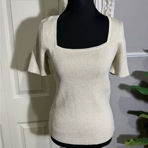 LOFT Cream Square Neck Short Sleeve Knit Top